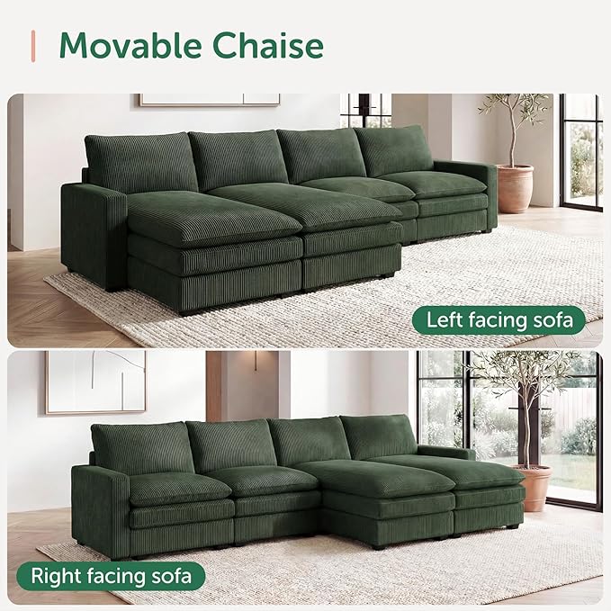 HONBAY 127.2 Inch Corduroy Cloud Modular Sectional Sofa with Chaise Deep Seat U-Shaped Couch with Storage for Living Room Apartment Small SpaceGreen