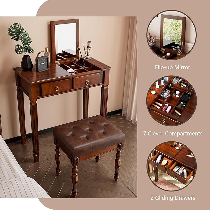 Makeup Vanity Desk Set with Flip Top Mirror 31.5 Wooden Vanity Table with Mirror Compact Dressing Table with 2 Drawers &amp 7 Compartments Writing Desk with Padded Stool for Bedroom Cherry+Brown