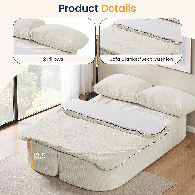 74.8 Inch Convertible Sleeper Sofa Bed Compressed Loveseat Sofa Folding Floor Mattress with Pillows and Blanket Small Couches for Living Room Bedroom Lounge No Assembly Required (Beige)
