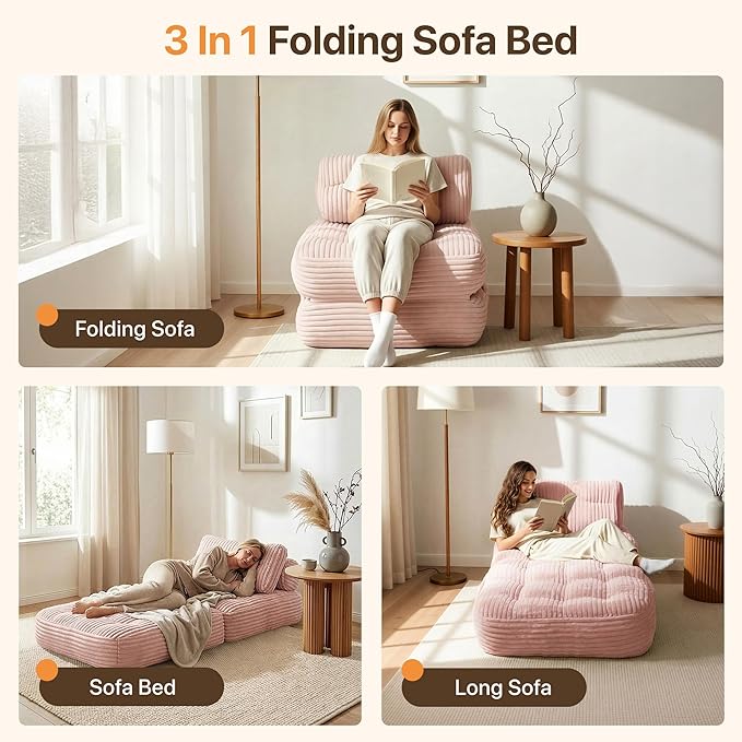 Claiks Folding Sofa Bed Boneless Chair with Pillow Sleeper Sofa with Back Support Sleeper Chair Portable Fold Out Chair Bed Comfy Foldable Mattress for Living Room Pink Single