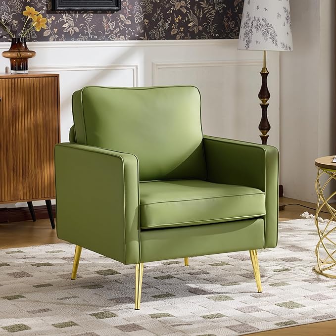 VINGLI Modern PU Leather Accent Chair Single Sofa Chair with Pocket Coil Seat Metal Backrest &amp Solid Wood Frame Upholstered Armchair for Living Room Bedroom or Office