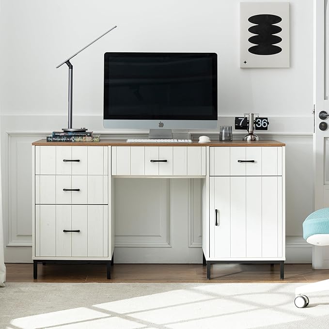 55 Executive Desk Modern Wood Office Table with Charging Station 5 File Drawer &amp 1 Storage Cabinet Home Computer Writing Desk for Work Study Living Room Bedroom (White)