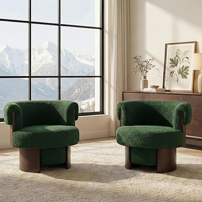 360° Swivel Barrel Chair Set of 2 Modern Curved Sculptural Swivel Barrel Chair Comfortable Fabric Upholstered Single Sofa for Living Room and Bedroom (Green/144)