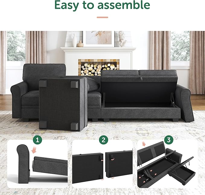 HONBAY Sectional Sofa with Storage Seat U Shaped Sectional Couch with Reversible Chaise Convertible Sectional Couches for Living RoomDark Grey