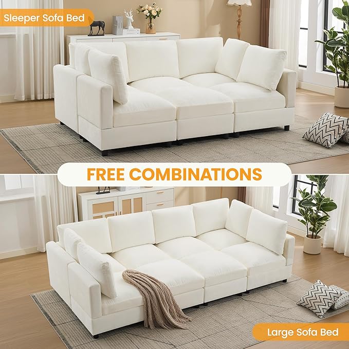 116'' Modular Sectional Cloud Sofa Bed 8-Seater Convertible Sofa Couch with Ottoman Modern Deep Seat Sleeper Sofa for Living Room Chenille Beige
