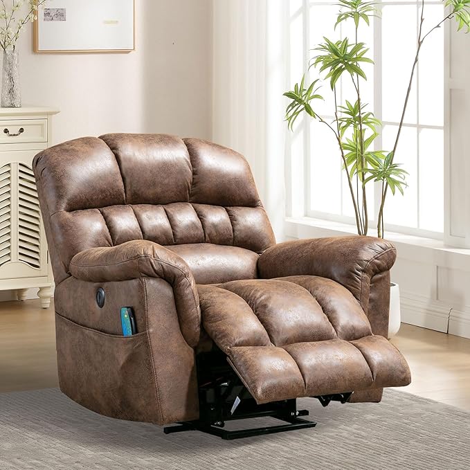 Bonzy Home Power Lift Chairs Recliner with Massage and Heating Electric Recliner Chair with 24 Wide Seat for Big People Full Padded Backrest Waterproof Faux Leather USB Charging Ports Brown