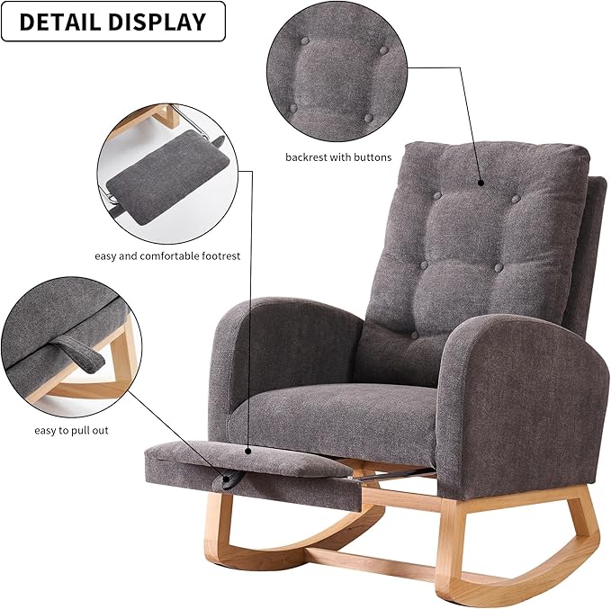 Comfortable Gray Upholstered Rocking Chair with Storage &amp Footrest High Back Solid Wood Legs - Living Room Armchair Bedroom Nursery Rocker