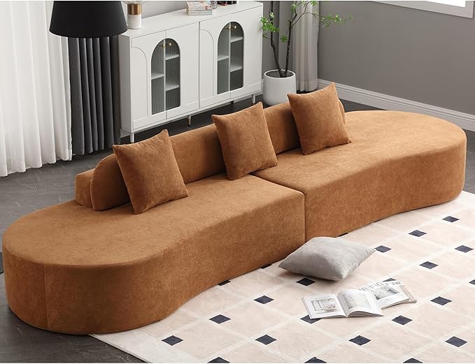 Modern Curved Cloud Sofas with Three Pillows Terrycloth Fabric Upholstered Sofa Combination Sofa Comfy 4 Seat Modular Sofa Minimalist Sofa in Living Room Apartment (Brown *172)