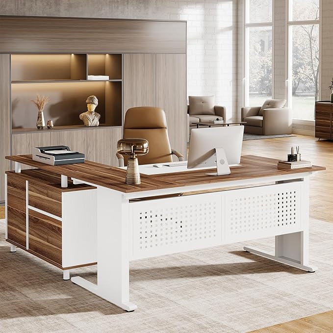 Tribesigns 63-Inch L-Shaped Executive Desk with Storage Shelves Large Office Computer Desk with Drawers and File Cabinet Industrial Business Workstation for Home Office Walnut and White