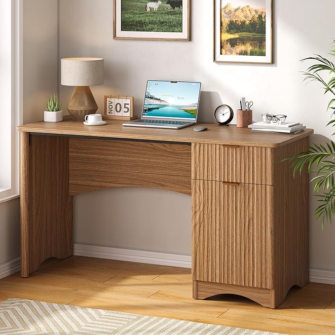 Bestier Computer Desk with Drawer 47 inch Office Desk with Storage Cabinet Modern Wood Desk Adjustable Shelves for Home Office &amp Studio Brown Oak