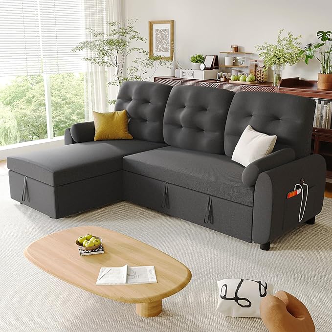 Ucloveria Sleeper Sofa Bed 86 Convertible Sectional Sofa Couches for Living Room Pull Out Couch Bed with Reversible Storage Chaise | USB Ports | Side Pockets | Removable Backrest