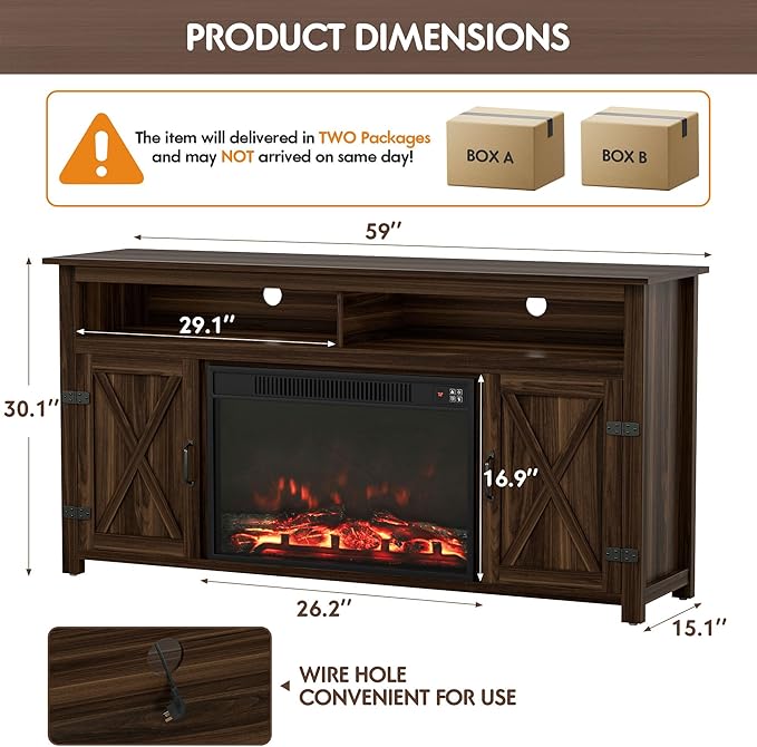 YESHOMY Fireplace TV Stand for Television up to 65+ Inch with Storage and Farmhouse Barn Doors Entertainment Center with Cabinet and Shelves Media Console for Living Room Walnut