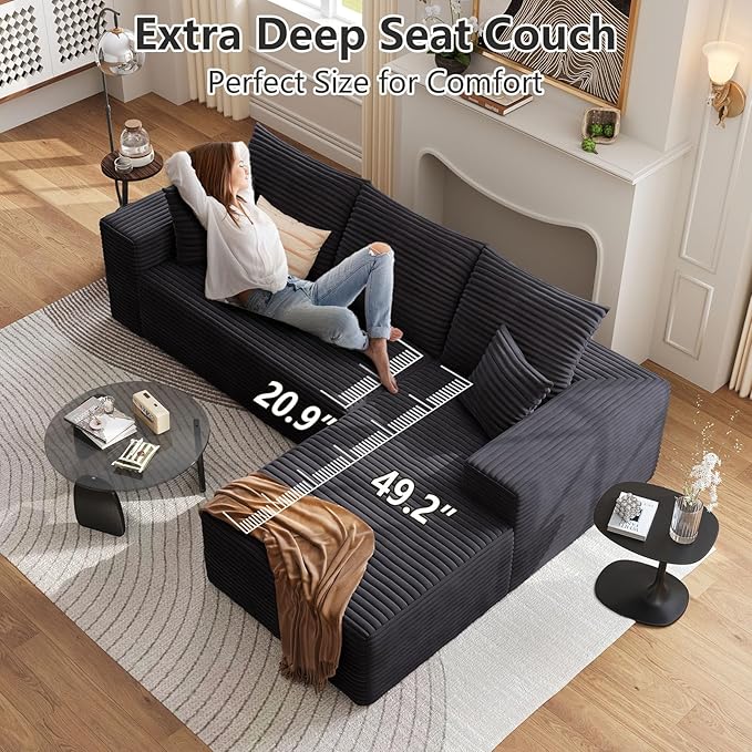 107 Cloud Sectional Couch with L-Shape Chaise Modern Modular Sofa with Deep Seat Corduroy Upholstered Couches for Living Room BedroomNo Assembly Required(Black Right Facing)