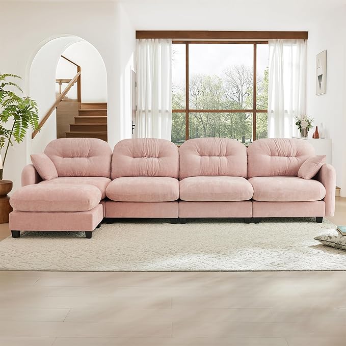 Livavege 140 Oversized Sectional Sofa 4 Seater Comfy L Shaped Couch Set with Ottoman Fluffy Pink Modular Cloud Sofa w/Tufted Cushion Backrest Chenille Couches for Living Room Apartment