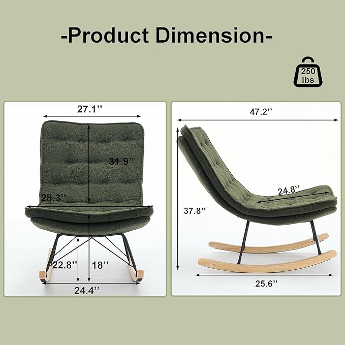 Lazy Rocking ChairComfortable Lounge Chair with Wide Backrest and Seat Wood Base Upholstered Armless Rocker Chair for Living Room BalconyBedroom and Patio Porch. (Dark Green)