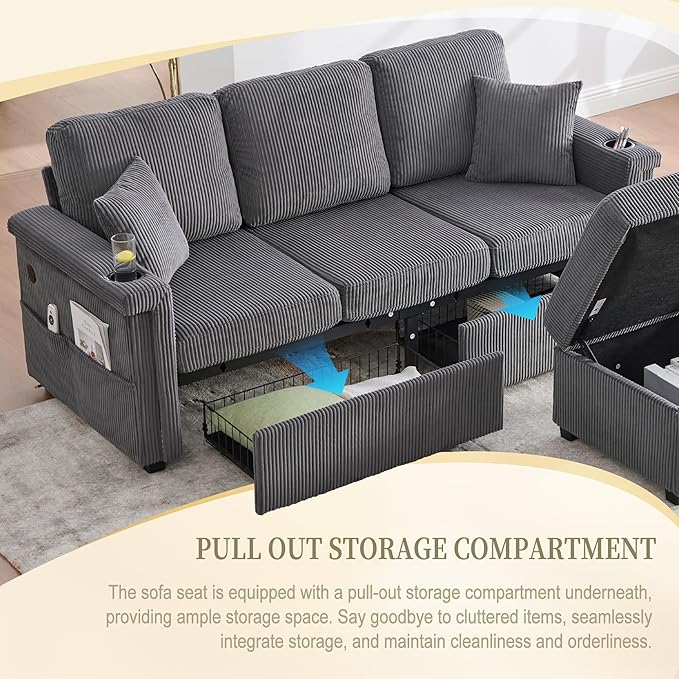 76'' Sectional Sofa Couches for Living Room 3 Seat L-Shaped Couch with Storage &amp Ottoman Corduroy Convertible Sofas with Chaise Apartment with USB Charging Cup Holder (Dark Grey)