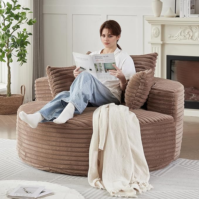 Oversized Round Chaise Lounge Chair Indoor 55W Circle Comfy Armchair with Deep Seat Floor Cloud Boneless Chair Upholstered Modern Cozy Sofa Chairs for Living Room Bedroom(Corduroy Brown)