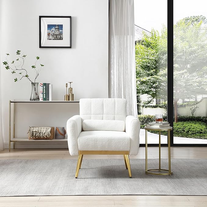Accent Chair Soft White Teddy Fabric Comfy Upholstered Arm Chair Fluffy Leisure Chair Armchair Living Room Chairs for Bedroom/Living Room Sofa Chair with 1 Waist Pillow