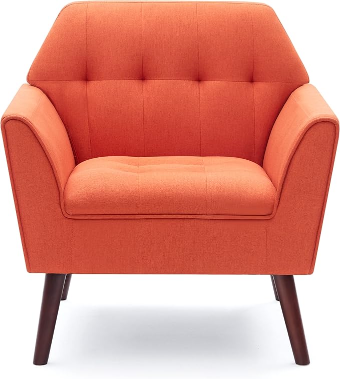 Kingfun Accent Chairs for Bedroom Midcentury Modern Accent Arm Chair for Living Room Linen Fabric Comfy Reading Chair Tufted Comfortable Sofa Chair Upholstered Single Sofa Orange