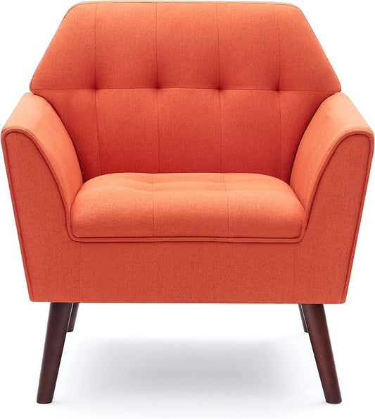 Kingfun Accent Chairs for Bedroom Midcentury Modern Accent Arm Chair for Living Room Linen Fabric Comfy Reading Chair Tufted Comfortable Sofa Chair Upholstered Single Sofa Orange