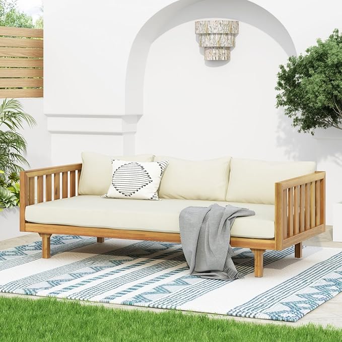 Merax Solid Acacia Wood Couch Chaise Lounge Chair Indoor 3 Seater Daybed Sofa Couches with Cushions &amp Pillow Heavy Frame Day Bed for Living Room Office Outdoor Balcony Patio Water Resistant