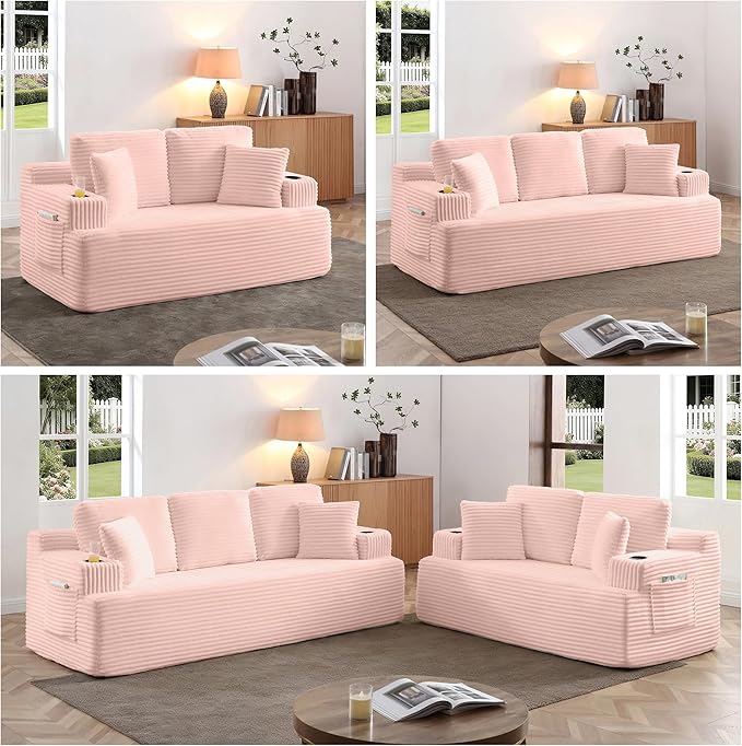 66.5'' Boneless Sofa Couch with Cup Holders &amp Side Pockets Modern Corduroy Fabric Upholstered Loveseat Couch with 2 Throw Pillows for Living Room Office No Assembly (Pink)