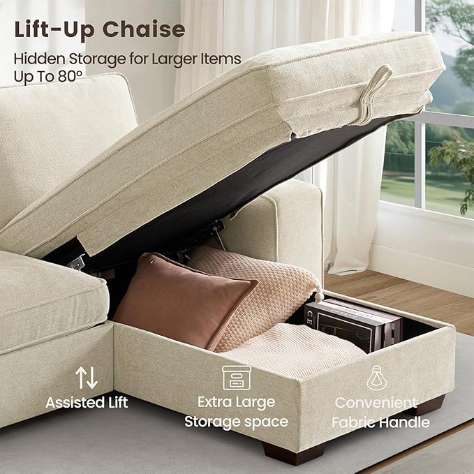 PARKOL 99 L-Shaped Sectional Couch with Storage Sofa with Reversible Chaise USB Type-C Charging Chenille Fabric Removable Cushion Covers for Small Space Apartment Living Room Beige