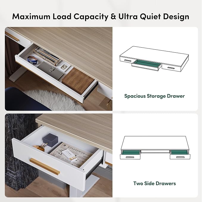 FEZIBO 48 x 26 Inches Electric Standing Desk with 3 Drawers Whole-Piece Mid-Century Modern Sit Stand Up Home Office Desks White Top with White Frame (2 Packages)
