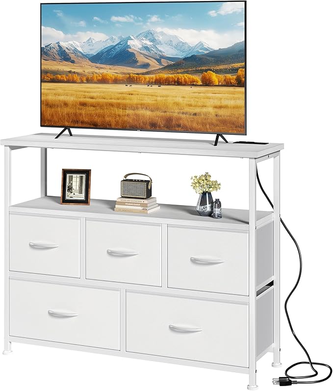 DUMOS TV Stand Dresser with 5 Fabric Storage Drawers Media Console Featuring Open Shelf Fabric Storage Cabinet with Charging Station Compact Entertainment Unit for Bedroom Living Room White