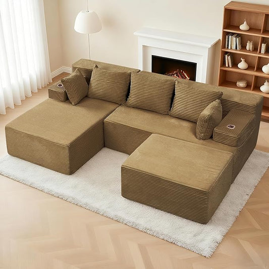 Boneless Couch Cloud Modular Sectional Sofa Modern Convertible L Shaped 3 Seat Corduroy Deep Seat Boneless Couches with 5 Pillows for Living Room Apartment (Brown Left Facing Chaise+Ottoman)