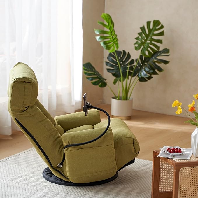 Gwen Upholstered 360° Swivel Chair Lounge Chair with Adjustable Backrest/Headrest Metal Frame Living Room Lounge Sofa and Phone Holder Comfy Bean Bag Chair Green