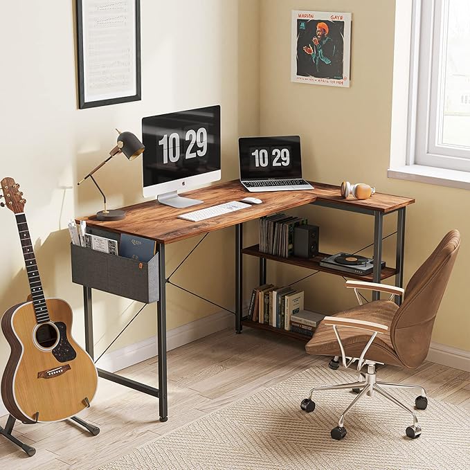 BANTI 40 Inch Small L Shaped Computer Desk with Storage Shelves Home Office Corner Desk Study Writing Table Brown
