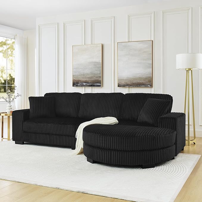 Curved Sectional Sofa with Removal Chaise Mid Centeury Modern Upholstered Corduroy Tufted Sleeper Bed L-Shaped Modular Convertible Sofa Black
