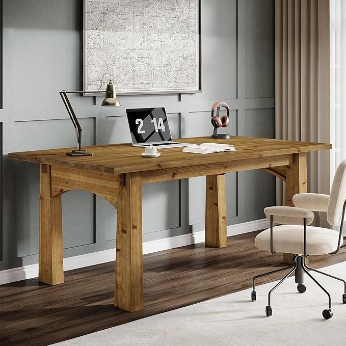 Solid Wood Executive Desk 63-Inch Computer Desk with Sturdy Wooden Legs Farmhouse Workstations Writing Table Conference Table Business Furniture for Home Office