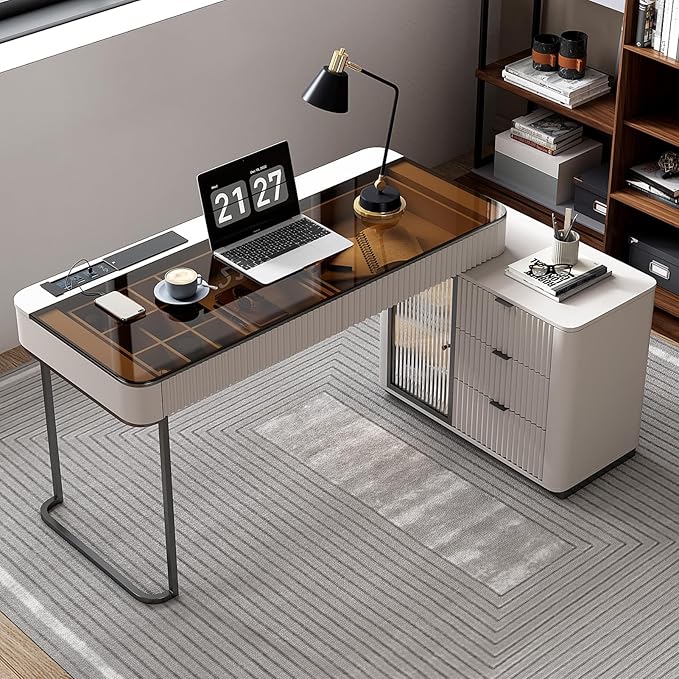 Lartis Office Desk Very Easy to Assemble Computer Desk Home Telescopic Writing Desk Modern Computer Desk with Retractable Cabinet Built-in LED Lights (Ivory 50 in)
