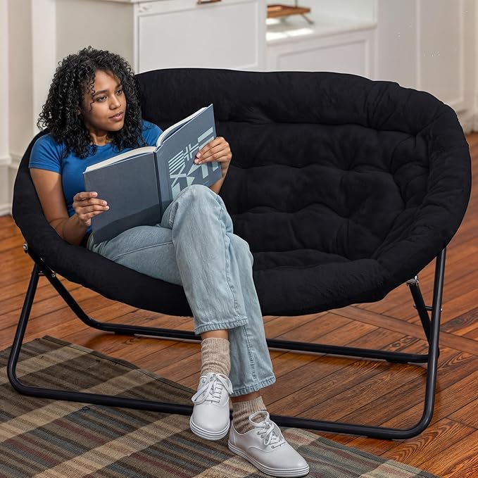 BizChair 56 Portable Folding Double Saucer Chair in Black Faux Fur with a Black Steel Frame for Dorm Living Room or Bedroom