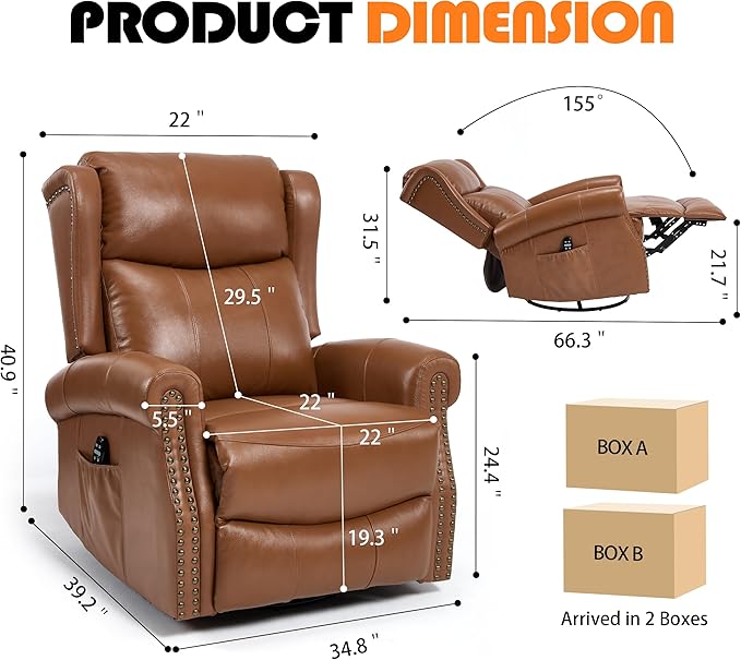 Manual Rocker Swivel Recliner Chair for Adults Vibration Massage Reclining Glider Chair with Lumbar Heat Rivet Design Single Sofa for Living Room Genuine Leather Brown