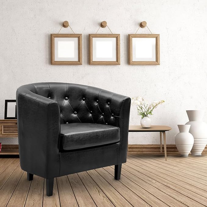 Naomi Home Emma Faux Leather Barrel Accent Chair – Modern Tufted Faux Leather Armchair with Wooden Legs Wide Seat Enhanced Back Support for Living Room Décor