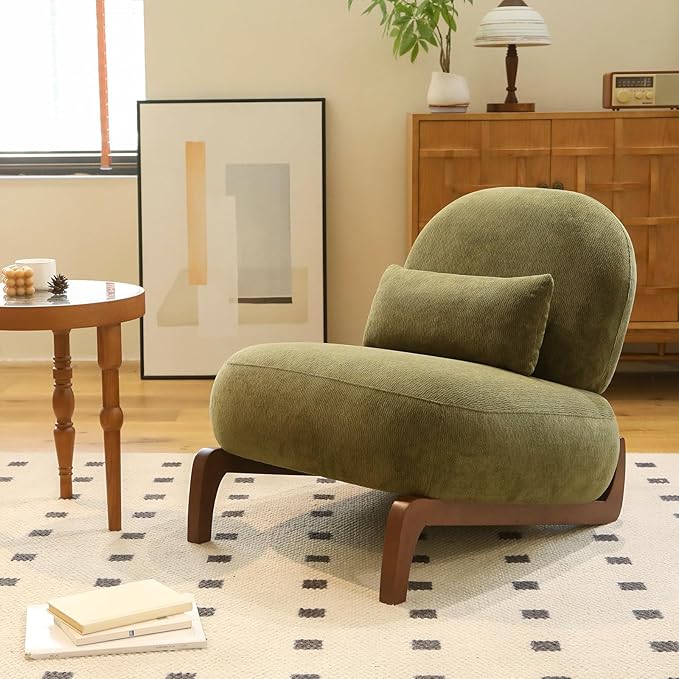 HAZO Cute Accent Chair with Solid Wood Legs Velvet Living Room Chair with Soft Cushion Cozy Bedroom Chair Comfy Armless Reading Chair for Apartment Waiting Room Balcony (Green)