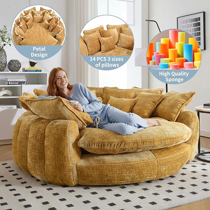 81 Oversized Round Sofa Bed Large Chenille Bean Bag Chair No Assembly Required Cloud Couch Fluffy Plush Chaise Lounge Chair Indoor Modern Sleeper Sofa with Deep Seat for Living Room (Yellow)