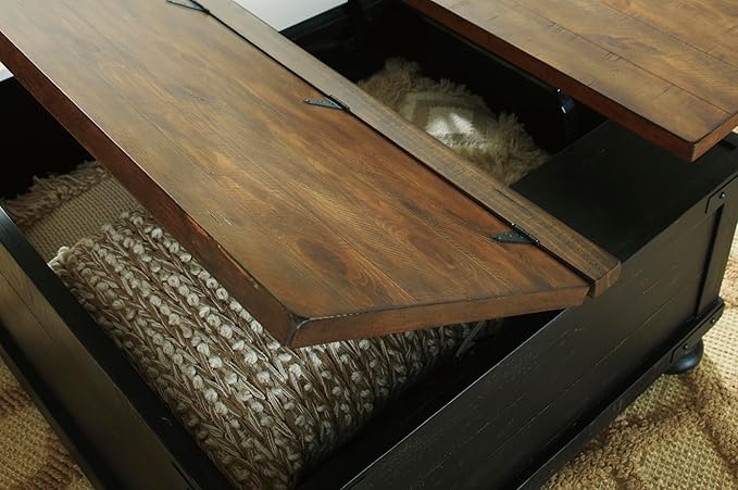 Signature Design by Ashley Valebeck Lift Top Coffee Table Storage Split-top Design Wood 36 W x 36 D x 18 H 2-tone Distressed Brown &amp Black Finish