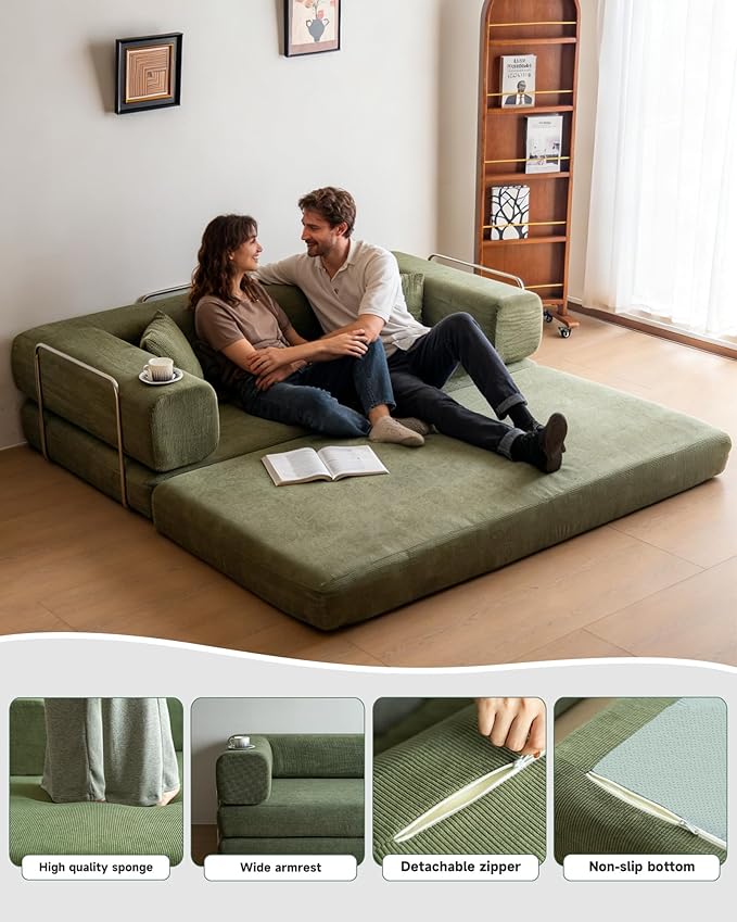 No Assembly Convertible Sofa Bed &amp 79 Boneless Couch with Pocket  5-in-1 Futon Sofa Bed with 2 Pillows Modular Pull Out Couch Bed with FrameCompression in Box for Living Room Small Spaces Green