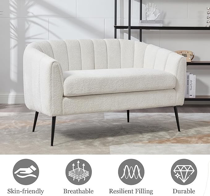 50.2 Inch Ivory Loveseats Boucle TextureChenille Small Couch for Small Spaces with Metal LegsModern Loveseat Sofa for Living Room and Bedroom with Comfortable Backrest and Armrest