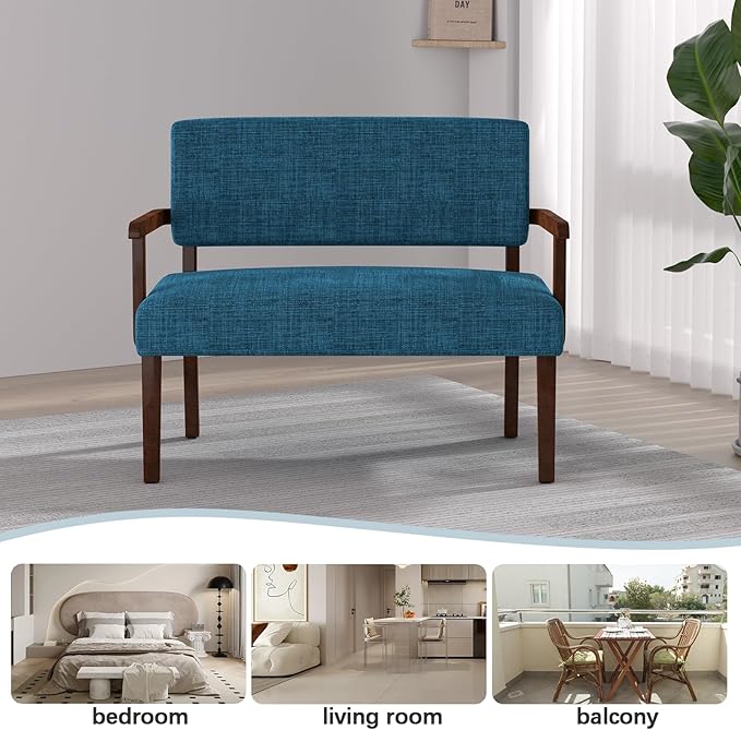 Accent Chair 2 Seat Upholstered Reading Leisure Chair Bench with Solid Wood Frame for Dining ReadingWaiting Rooms (Blue)