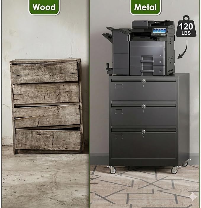 Aobabo 3 Drawer Lateral File Cabinet with Wheels Lockable Metal Filing Cabinet for Home Office Legal/Letter SizeBlackRequired Assembled15.87 D x 28.94 W x47.63 H