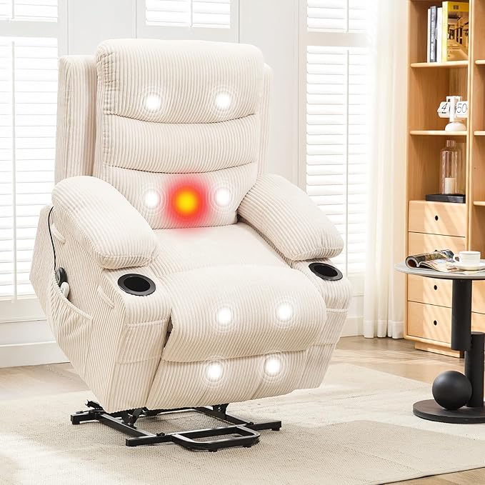 GarveeHome Power Lift Recliner Chair for Elderly Oversized Electric Lift Chair with Heat and Massage Corduroy Adjustable Recliner with Cup Holders &amp Side Pocket for Living Room Beige