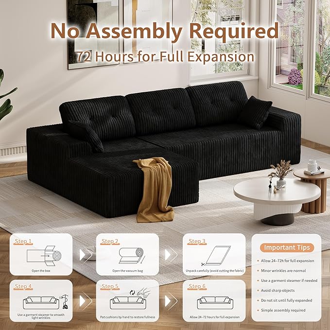 Ball &amp Cast 106 Modular Sectional Sofa Cloud Corduroy Couch with Deep Seat Boneless L-Shaped Sectional Upholstered Modular Sofa for Living Room No Assembly Required (Black Left Facing Chaise