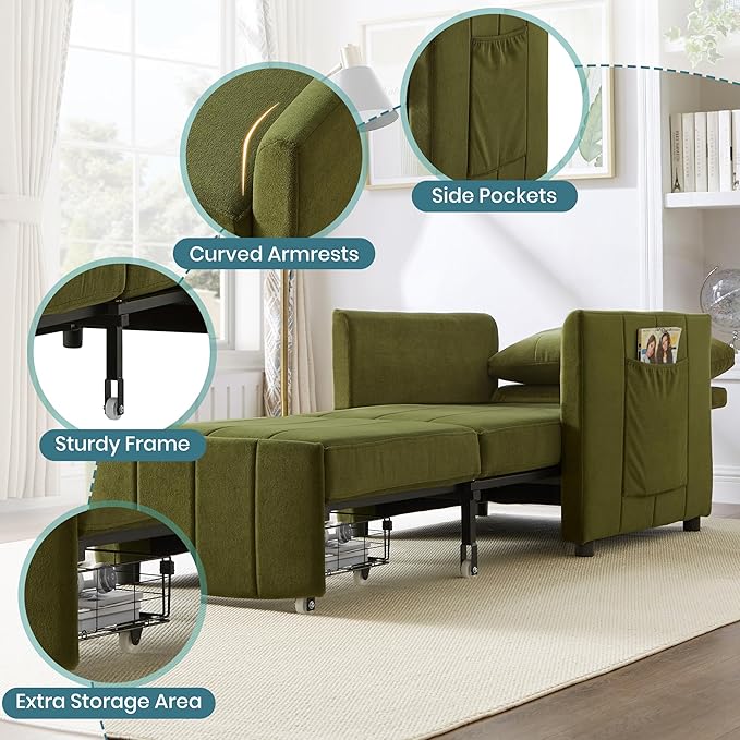Merax Convertible Chair Bed 3-in-1 Pull Out Sleeper Couch with Adjustable Backrest Side Pockets and a Storage Basket Chenille Folding Sofa Bed for Living Room Apartment Green
