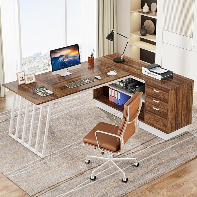 Tribesigns 71-Inch Executive Desk L-Shaped Desk with Cabinet Large Office Desk with Drawers and Storage Shelves Writing Table Computer Desk for Home Office Brown and White