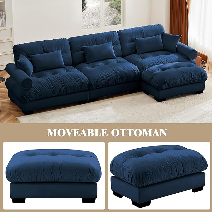 Oversized Modular Velvet Sectional Cloud Sofa Couch with Movable OttomanCorner Sofa with Comfortable Armrests Deep Seat Convertible L or U Shaped Couch (Blue 2 Seat +2 Ottoman)